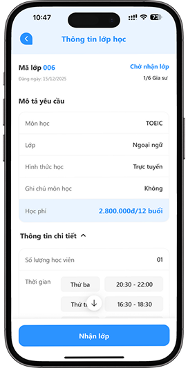 Bước 03 – Tìm lớp phù hợp và chọn “Nhận lớp"